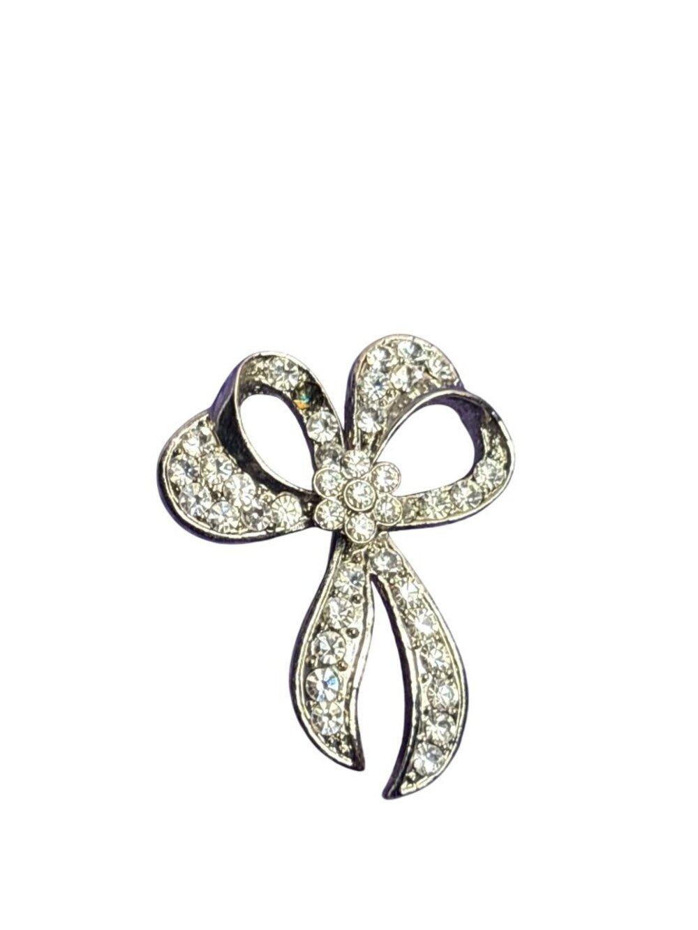 Silvertone Clear Rhinestone Box Brooch Pin Flower Missing 1 Rhinestone